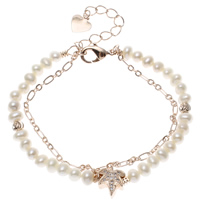 Fionnuisce saothraithe Pearl Bracelet, Pearl Fionnuisce, le Prás, le 5cm slabhra extender, Leaf, nádúrtha, micrea réiteach zirconia ciúbach & 2-snáithe, bán, 4-5mm, 10x11x5mm, Díolta Per Thart 6 Inse Snáithe