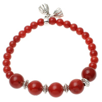 Natuurlijke Coral Armband, met Zinc Alloy, rood, 10mm, 7x4mm, 6mm, Lengte Ca 7.5 inch, 12strengen/Lot, Verkocht door Lot