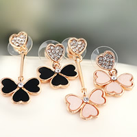 Zinc Alloy asymmetrische oorbellen, met rubber earnut & Acryl, Three Leaf Clover, rose goud plated, met strass, meer kleuren voor de keuze, nikkel, lood en cadmium vrij, 17x20mm, 17x45mm, 10paren/Lot, Verkocht door Lot