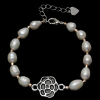 Sötvatten odlade Pearl Bracelet, Freshwater Pearl, med Mässing, med 5cm extender kedja, Blomma, naturlig, emalj, vit, 7-8mm, 15x23x3mm, Såld Per Ca 6.5 inch Strand