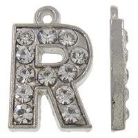 Zinklegierung Buchstaben Anhänger, Buchstabe R, Platinfarbe platiniert, mit Strass, frei von Nickel, Blei & Kadmium, 11.50x18x2mm, Bohrung:ca. 1mm, 100PCs/Tasche, verkauft von Tasche