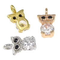 Terningformet Zirkon Micro Pave Messing vedhæng, Owl, forgyldt, med cubic zirconia, flere farver til valg, nikkel, bly & cadmium fri, 8x14x5mm, Hole:Ca. 2mm, 30pc'er/Lot, Solgt af Lot