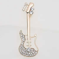 Rhinestone Broche, Zinc Alloy, Guitar, KC guldfarve belagt, med rhinestone, klar, nikkel, bly & cadmium fri, 55mm, 2pc'er/Bag, Solgt af Bag