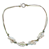 Collar de Perlas Natural de Freshwater, Perlas cultivadas de agua dulce, con Cuero de vaca, latón cierre de anillo de primavera, Patata, 3-aro, Blanco, 7-8mm, Vendido para aproximado 17.5 Inch Sarta