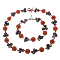 perla d'acquadolce coltivata naturalmente set di gioielli fashion, Collana maglia a catena & Bracciale, with corda in nylon & agata rossa & cristallo, ottone con chiusura Toggle, naturale, multi-colore, 7-9mm, 12mm, Lunghezza Appross. 7.5 pollice, Appross. 26 pollice, Venduto da set