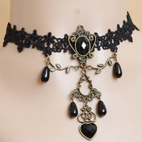 Gothic Ketting, Kant, met Hars & Zinc Alloy, met 2.5Inch extender keten, Hart, antiek brons plated, met kunststof parel & gefacetteerde, zwart, nikkel, lood en cadmium vrij, 18mm, Per verkocht Ca 12 inch Strand