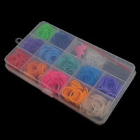 Rubber Regenboog Loom Kit, DIY weefgetouw band charme & S gesp & Haak, met Plastic, Rechthoek, DIY, gemengde kleuren, 19x1mm, 105x190x25mm, Gat:Ca 2-5mm, 30dozen/Lot, Verkocht door Lot