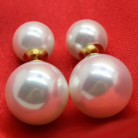 Pendientes de Doble Bola, Nácar de mar del sur, latón aguja de pendiente, Esférico, Blanco, 8mm, 12mm, Vendido por Par