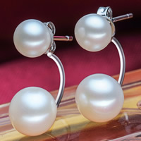 Double tabhairt aghaidh Graí Earring, Pearl Fionnuisce, le Prás, Button, nádúrtha, bán, 6.5-7mm, 8.5-9mm, Díolta De réir Péire