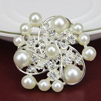 Glas Pearl Brooch, Zinc Alloy, Bloem, silver plated, met glazen parel & met strass, nikkel, lood en cadmium vrij, 37x37mm, 20pC's/Lot, Verkocht door Lot