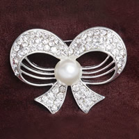 Glas Pearl Brooch, Zinc Alloy, Strik, silver plated, met glazen parel & met strass, nikkel, lood en cadmium vrij, 29x42mm, 10pC's/Lot, Verkocht door Lot