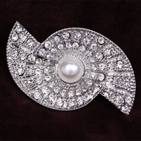 Vidro broche de pérolas, liga de zinco, Concha, cromado de cor platina, com pérolas de vidro & com strass, níquel, chumbo e cádmio livre, 43.50x22mm, 10PCs/Lot, vendido por Lot