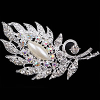 Glas perle broche, Zinc Alloy, Leaf, sølvfarvet forgyldt, med glas perle & med rhinestone, nikkel, bly & cadmium fri, 35x65mm, 10pc'er/Lot, Solgt af Lot