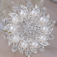 Vidro broche de pérolas, liga de zinco, Flor, cromado de cor prateada, com pérolas de vidro & com strass, níquel, chumbo e cádmio livre, 60x60mm, 10PCs/Lot, vendido por Lot