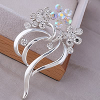 Strass Broche, Zinc Alloy, Bloem, silver plated, met strass, nikkel, lood en cadmium vrij, 40x65mm, 10pC's/Lot, Verkocht door Lot