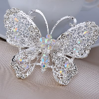 Broche de strass, alliage de zinc, papillon, Placage de couleur argentée, avec strass, protéger l'environnement, sans nickel, plomb et cadmium, 70x50mm, 10PC/lot, Vendu par lot