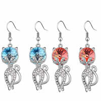 Boucles d'oreilles cristal, alliage de zinc, avec cristal, acier inoxydable boucle d'oreille crochet, chat, Placage de couleur platine, facettes & avec strass, plus de couleurs à choisir, protéger l'environnement, sans nickel, plomb et cadmium, 13x50mm, 20pairescouple/lot, Vendu par lot