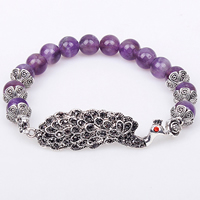 Amethyst Armband, mit Zinklegierung, Pfau, silberfarben plattiert, Februar Birthstone & Perlen Armband & mit Strass & Schwärzen, frei von Nickel, Blei & Kadmium, 8mm, Länge ca. 8 ZollInch, 6SträngeStrang/Menge, verkauft von Menge