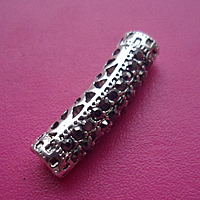 Zink Alloy böjda rör pärlor, Tube, antik silver pläterad, med strass & ihålig, nickel, bly och kadmium gratis, 6x25mm, Hål:Ca 3.3mm, 40PC/Lot, Säljs av Lot