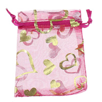 Organza Dragsko Bag, med hjärtmönster & guld accent, fuchsia, 70x91x1mm, 500PC/Lot, Säljs av Lot