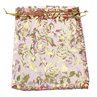 organza sac de cordon, avec le motif de fleurs & or accentué, rouge, 105x133x0.80mm, 500PC/lot, Vendu par lot