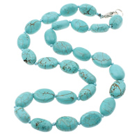 Natural Turquoise Halsband, mässing Karbinlås, Flat Oval, blå, 10x13x7mm, Såld Per Ca 17 inch Strand