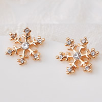 Boucles d'oreilles de Noël, alliage de zinc, acier inoxydable puce boucle d'oreille, flocon de neige, Plaqué d'or 18K, Bijoux de Noël & avec les strass tchèques, protéger l'environnement, sans nickel, plomb et cadmium, 13x14mm, 3pairescouple/sac, Vendu par sac