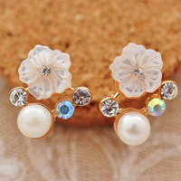 Zinc Alloy Stud Earring with White Shell & Glass Pearl stainless steel post pin Flower rose gold color plated with Czech rhinestone multi-colored nickel lead & cadmium free Sold By Bag