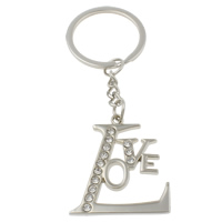 Cink Alloy Key Chain, s željezni kolut, riječ ljubav, platine boja pozlaćen, s Rhinestone, nikal, olovo i kadmij besplatno, 39x44x2mm, Rupa:Približno 29mm, Dužina Približno 4 inčni, 10pramenovi/Torba, Prodano By Torba