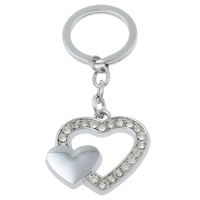 Cink Alloy Key Chain, s željezni kolut, Srce, platine boja pozlaćen, s Rhinestone, nikal, olovo i kadmij besplatno, 38x35x4mm, Rupa:Približno 23mm, Dužina Približno 3 inčni, 10pramenovi/Torba, Prodano By Torba