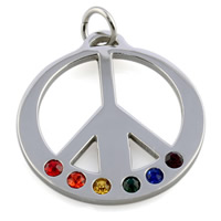 titanium Vedhæng, Titanium Stål, Peace Logo, med rhinestone, flerfarvede, 2x35mm, Hole:Ca. 2-5mm, 3pc'er/Bag, Solgt af Bag