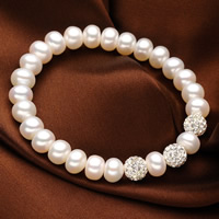 Slatkovodni Kulturan Biser narukvice, Slatkovodni Pearl, s Rhinestone Clay Pave Perla, Dugme, prirodan, sa 42 kom Rhinestone, bijel, 8-9mm, 8mm, Prodano Per Približno 6.5 inčni Strand