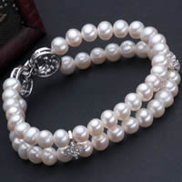 Sötvatten odlade Pearl Bracelet, Freshwater Pearl, mässing Foldover lås, Potatis, naturlig, med cubic zirconia & 2-tråd, vit, 6-7mm, Såld Per Ca 7 inch Strand