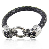 Bracelet homme, Acier titane, avec cuir de peau de vache, crane, noircir, noire, 13x20mm, Vendu par Environ 8 pouce brin