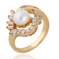 Bliver® Finger Ring, Messing, med Glass Pearl, 18K forgyldt, forskellig størrelse for valg & med cubic zirconia & facetteret, nikkel, bly & cadmium fri, 15mm, Solgt af PC