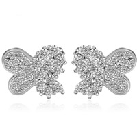 Boucles d'oreilles en laiton zircon cubique pavent, papillon, Plaqué de platine, pavé de micro zircon, transparent, protéger l'environnement, sans nickel, plomb et cadmium, 14x11.5mm, Vendu par paire