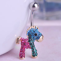 Jewelry Alloy Belly Ring Body Body, Sinc Alloy, le 316L Cruach dhosmálta, Capall, plátáilte, cruan & le rhinestone, nicil, luaidhe & caidmiam saor in aisce, 14x30mm, 5ríomhairí pearsanta/Lot, Díolta De réir Lot