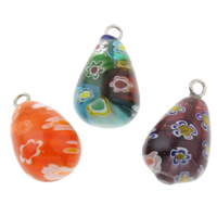 Millefiori üveg medál ékszerek, Millefiori Glass, -val Vas, Könnycsepp, kézi, kevert színek, 12x22mm, Lyuk:Kb 1.5mm, 10PC-k/Bag, Által értékesített Bag