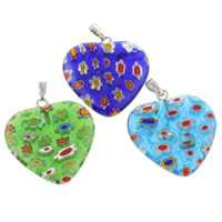 Bijoux pendentifs en glass Millefiori, verre millefiori, avec fer, coeur, fait à la main, couleurs mélangées, 18x4mm, Trou:Environ 1x5mm, 10PC/sac, Vendu par sac