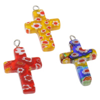 Bijoux pendentifs en glass Millefiori, verre millefiori, avec fer, croix, fait à la main, couleurs mélangées, 18x28x4mm, Trou:Environ 1.5mm, 10PC/sac, Vendu par sac