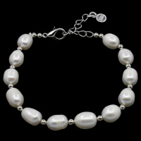 Freshwater Kulturperler Pearl Bracelet, Ferskvandsperle, med Messing, med 4cm extender kæde, Ris, naturlig, hvid, 7-8mm, Solgt Per Ca. 6.5 inch Strand