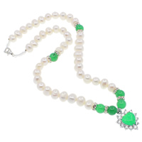 Naturlige ferskvands perle halskæde, Ferskvandsperle, med Jade & Glas Seed Beads & Messing, Heart, med cubic zirconia & med rhinestone, hvid, 20x25x7mm, 8mm, 3x7mm, 10-11mm, Solgt Per Ca. 20 inch Strand