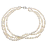 Přírodní Sladkovodní Pearl náhrdelník, mosaz jarní prsten spona, Brambor, 3-pramenné, bílý, 7-8mm, Prodáno za Cca 18 inch Strand