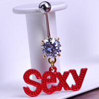 Zink Alloy Belly Ring Body smykker, Zinc Alloy, med 316L Stainless Steel, Brev, forgyldt, ovntørrende lak & med rhinestone, nikkel, bly & cadmium fri, 27x10mm, 10pc'er/Lot, Solgt af Lot