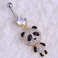 Jewelry Alloy Belly Ring Body Body, Sinc Alloy, le 316L Cruach dhosmálta, Panda, plátáilte, cruan & le rhinestone & log, nicil, luaidhe & caidmiam saor in aisce, 16x25mm, 3ríomhairí pearsanta/Lot, Díolta De réir Lot