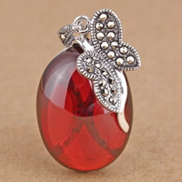 Bali Sterling Silber Anhänger, Thailand, mit Granat, oval, Januar Birthstone & mit Strass, rot, 18x33mm, Bohrung:ca. 3-5mm, verkauft von PC