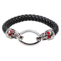 De Armband van mensen, Koeienhuid, met Titanium Staal, Schedel, gevlochten & met brief patroon & met strass & zwart maken, zwart, 15mm, Lengte Ca 7.5 inch, 3strengen/Lot, Verkocht door Lot