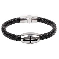 Los hombres de la pulsera y del brazalete, Cuero de vaca, con Partículas de acero, trenzado & esmalte, Negro, 15mm, longitud aproximado 8 Inch, 3Strandsfilamento/Grupo, Vendido por Grupo