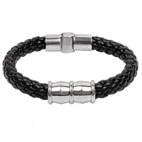 Pulseira masculina, corda de Couro de vaca, with Partículas de aço, trançado, preto, 15mm, comprimento Aprox 8 inchaltura, 3vertentespraia/Lot, vendido por Lot