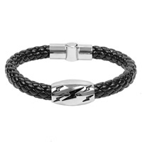 De Armband van mensen, Koeienhuid, met Titanium Staal, gevlochten & glazuur, zwart, 15mm, Lengte Ca 8 inch, 3strengen/Lot, Verkocht door Lot